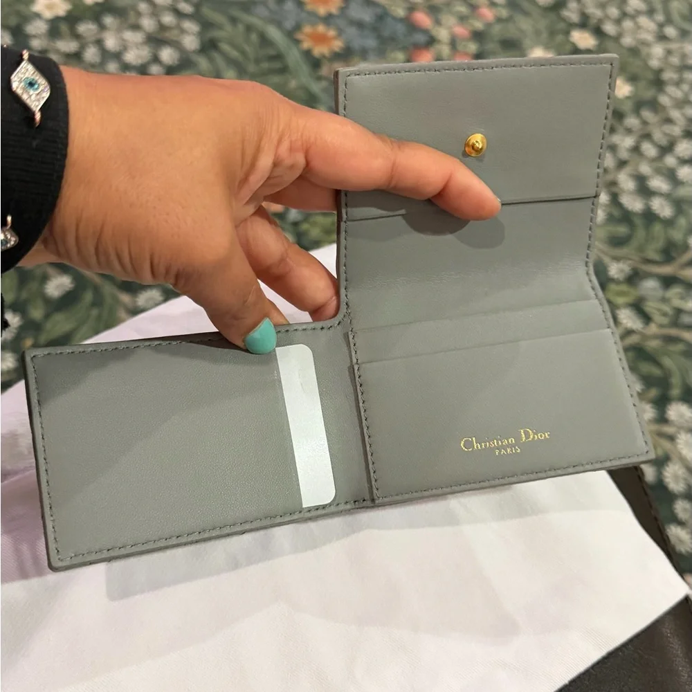 Dior Caro glycine foldable card holder limited edition in grey w/gold hardware.